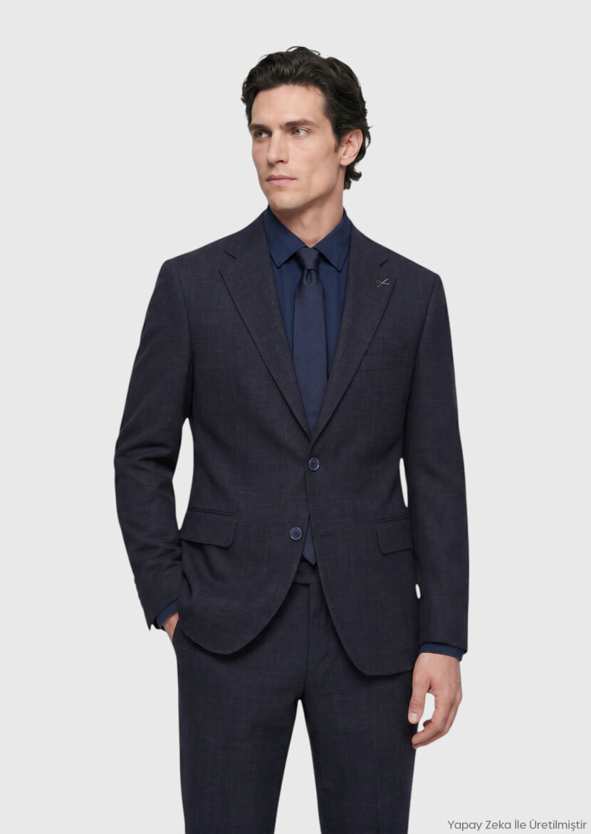 Lacivert Desenli Zeroweight Slim Fit Yün Karışımlı Takım Elbise - RAMSEY