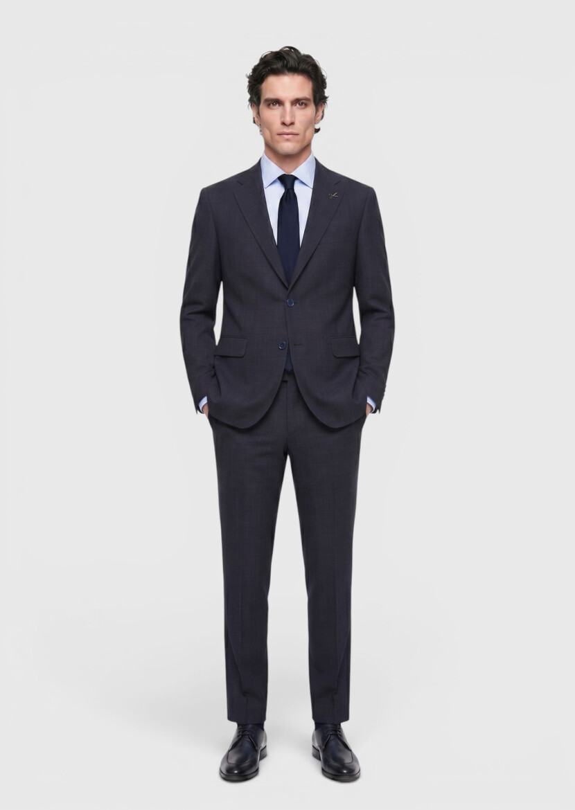 Lacivert Desenli Zeroweight Slim Fit Yün Karışımlı Takım Elbise - 1