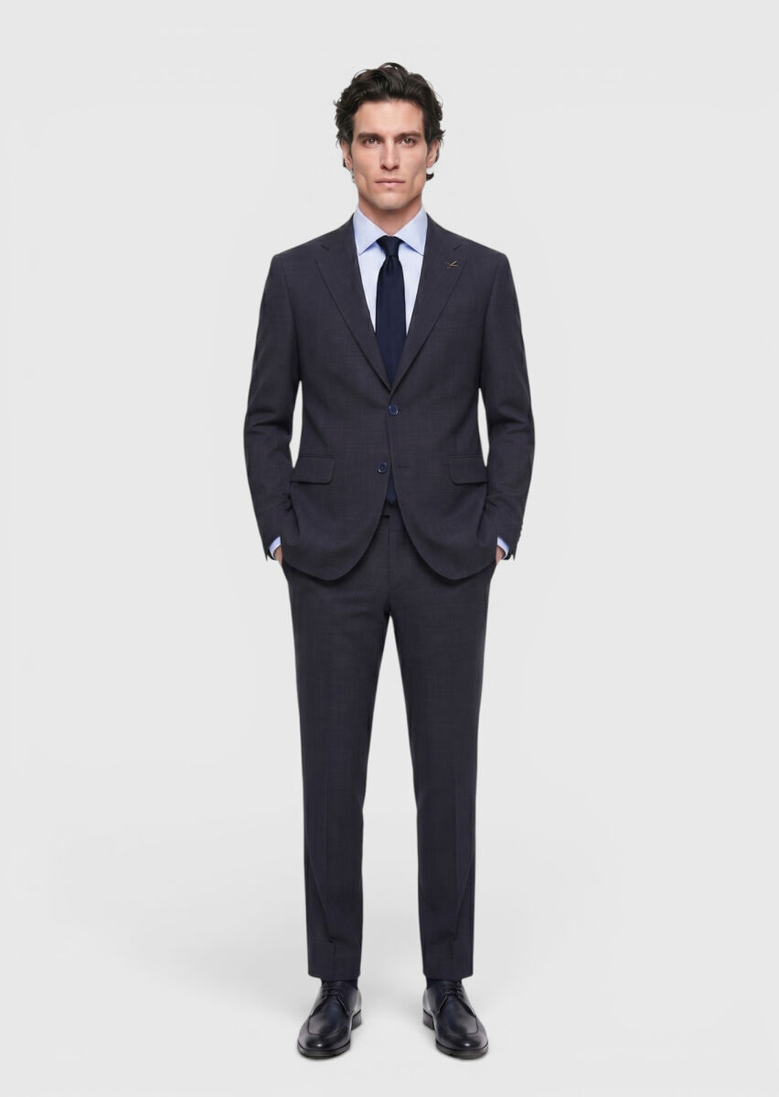 Lacivert Desenli Zeroweight Slim Fit Yün Karışımlı Takım Elbise - 1