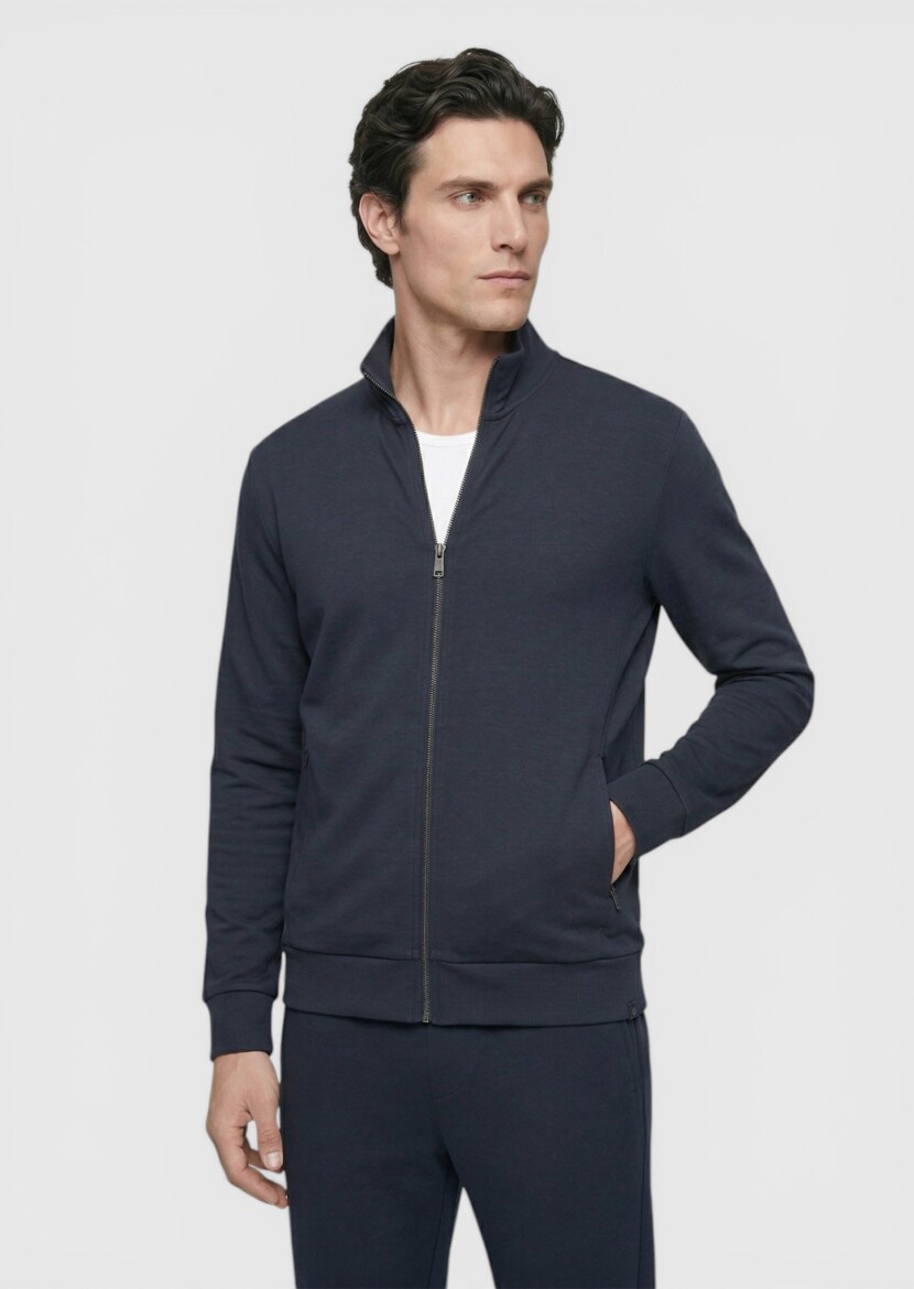 Lacivert Dik Yaka Düz Sweatshırt - 3