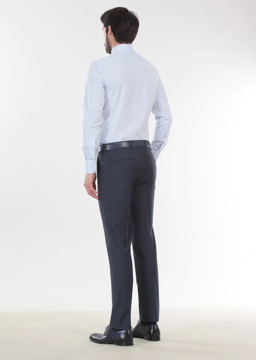 Lacivert Dokuma Modern Fit Klasik %100 Yün Pantolon - 2