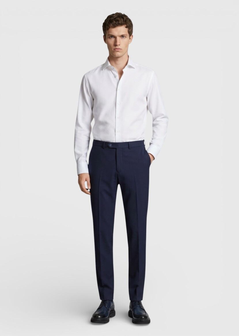 Lacivert Dokuma Modern Fit Klasik %100 Yün Pantolon - 1