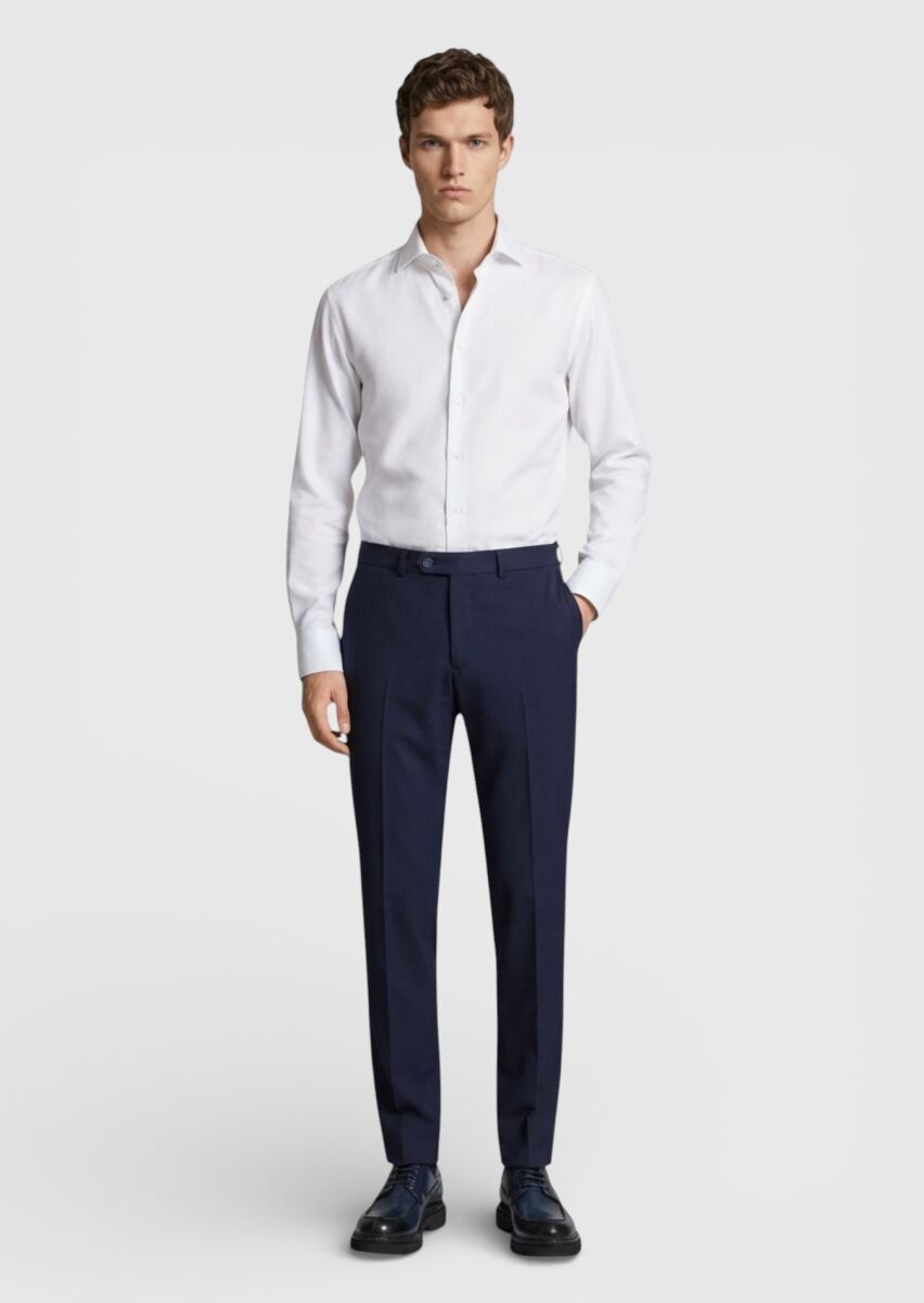 Lacivert Dokuma Modern Fit Klasik %100 Yün Pantolon - 1