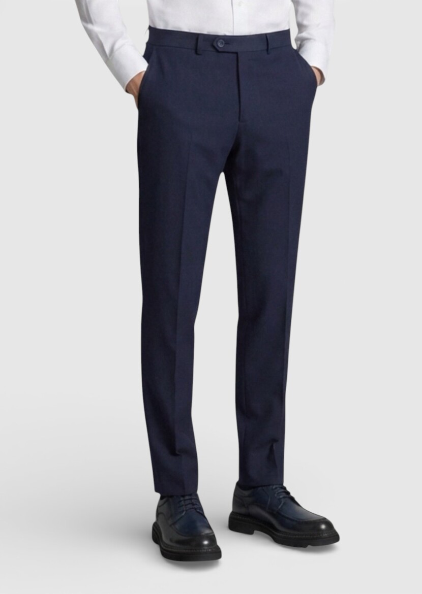 Lacivert Dokuma Modern Fit Klasik %100 Yün Pantolon - 3