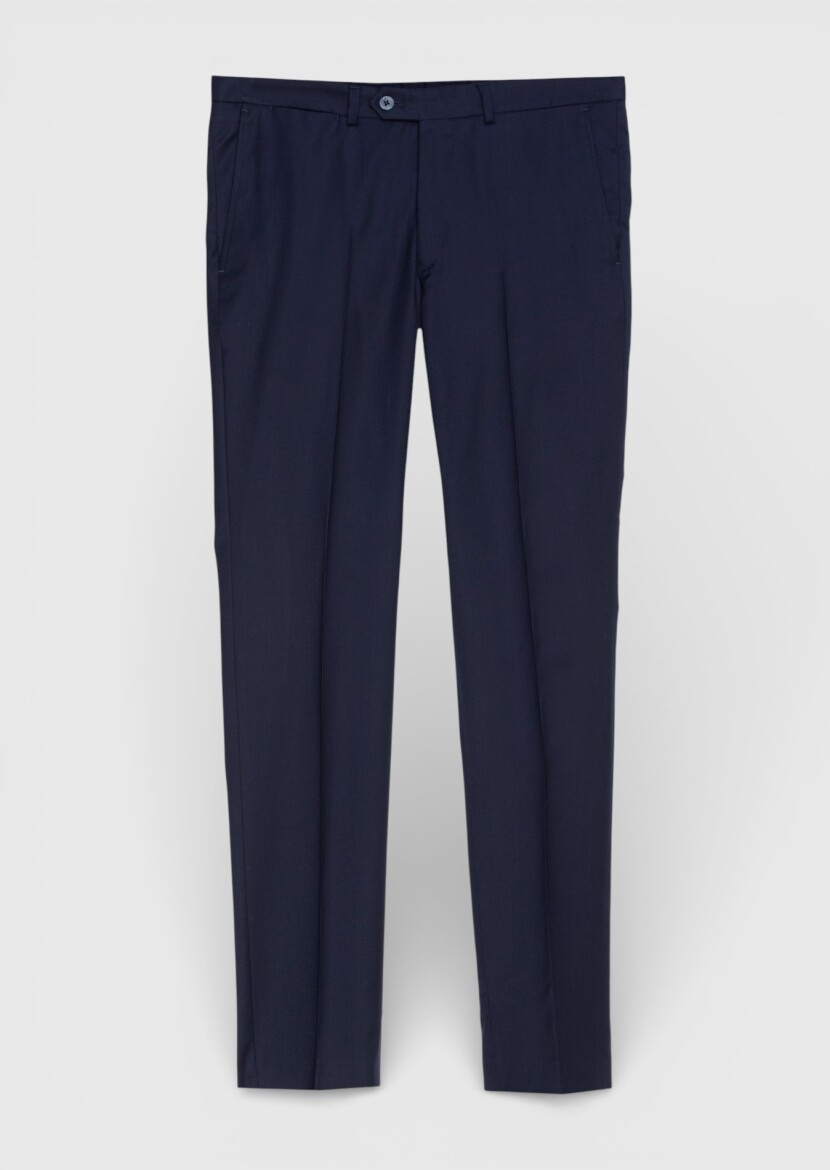 Lacivert Dokuma Modern Fit Klasik %100 Yün Pantolon - 5
