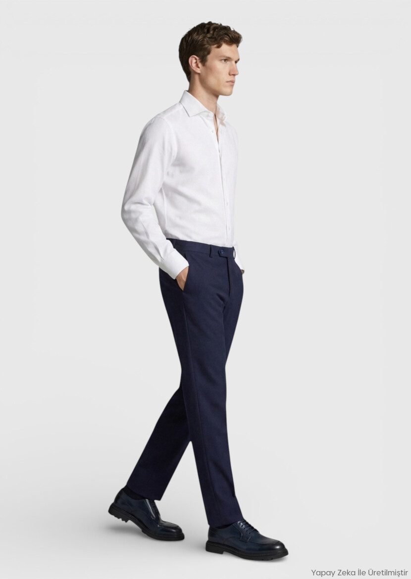 Lacivert Dokuma Modern Fit Klasik %100 Yün Pantolon - RAMSEY