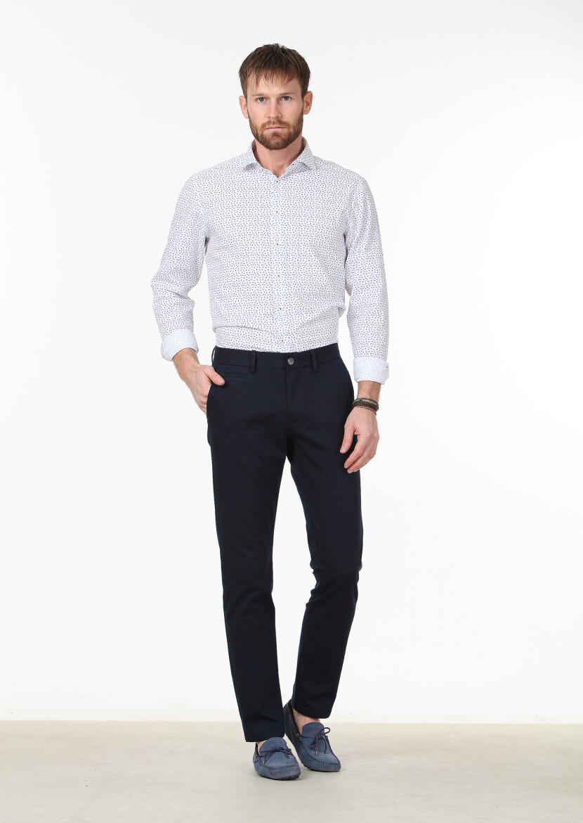 Lacivert Dokuma Regular Fit Casual Pamuk Karışımlı Pantolon 