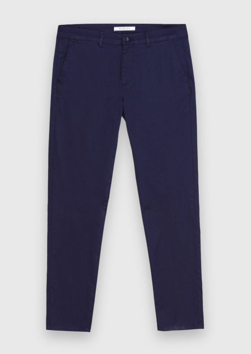 Lacivert Düz Dokuma Regular Fit Casual Pamuk Karışımlı Pantolon - 5