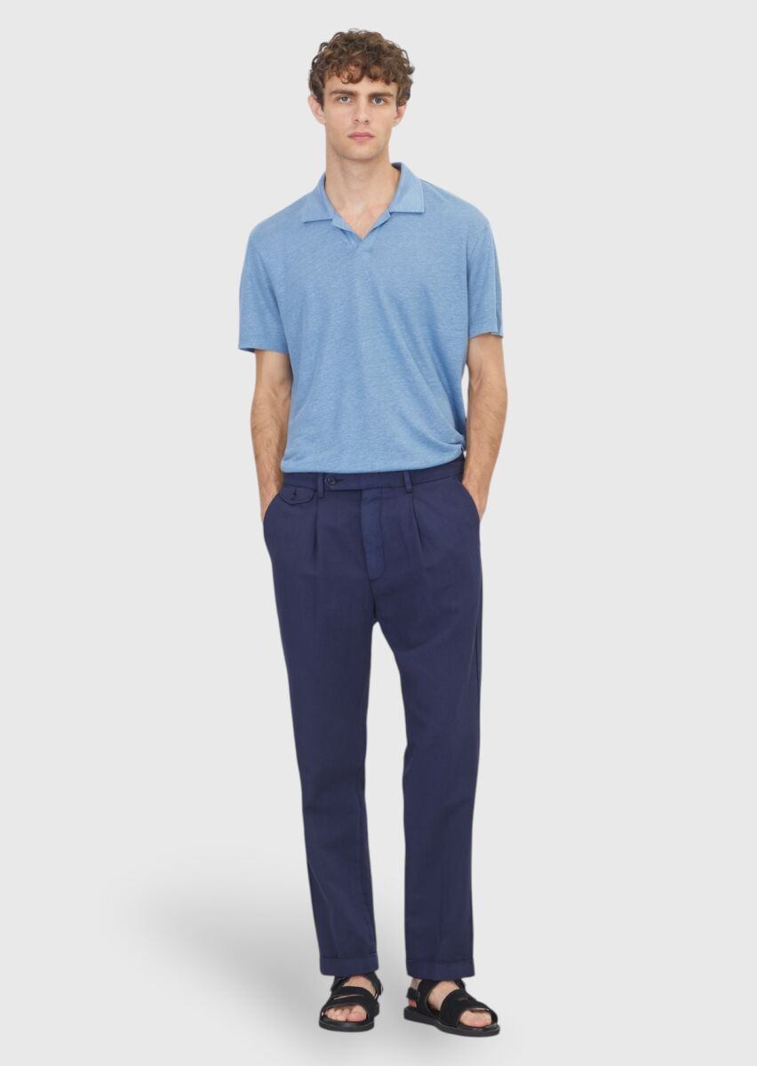 Lacivert Düz Dokuma Relaxed Fit Casual Pamuk Karışımlı Pantolon - 1