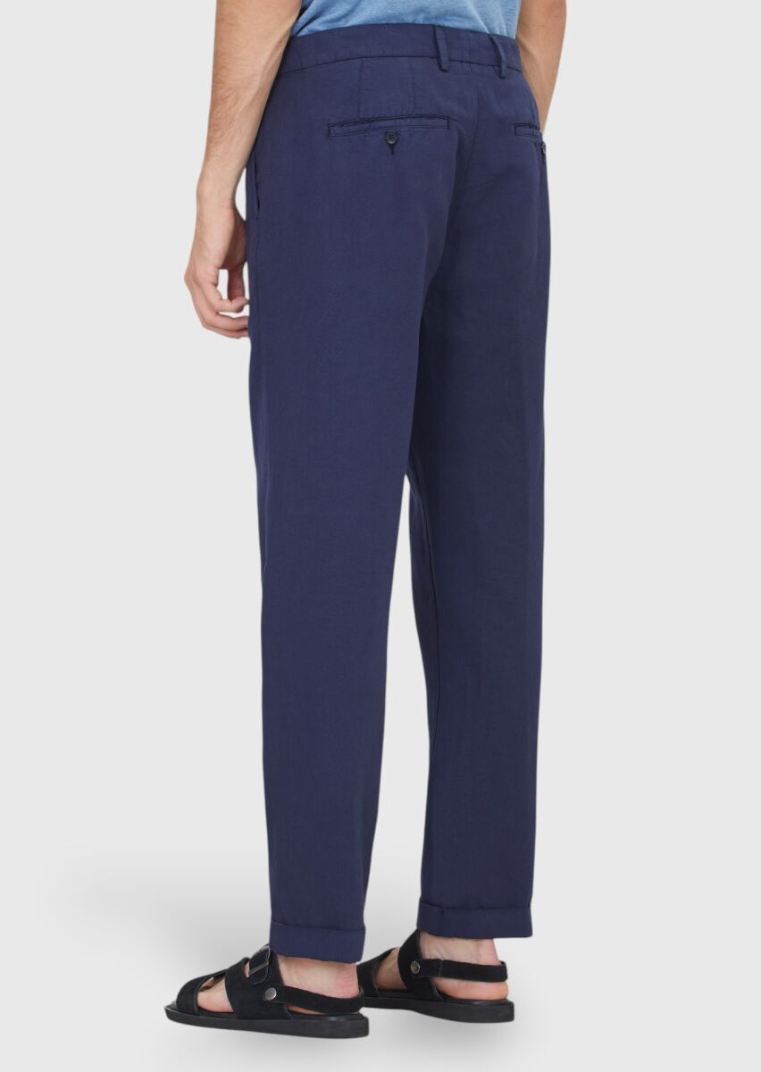 Lacivert Düz Dokuma Relaxed Fit Casual Pamuk Karışımlı Pantolon - 5