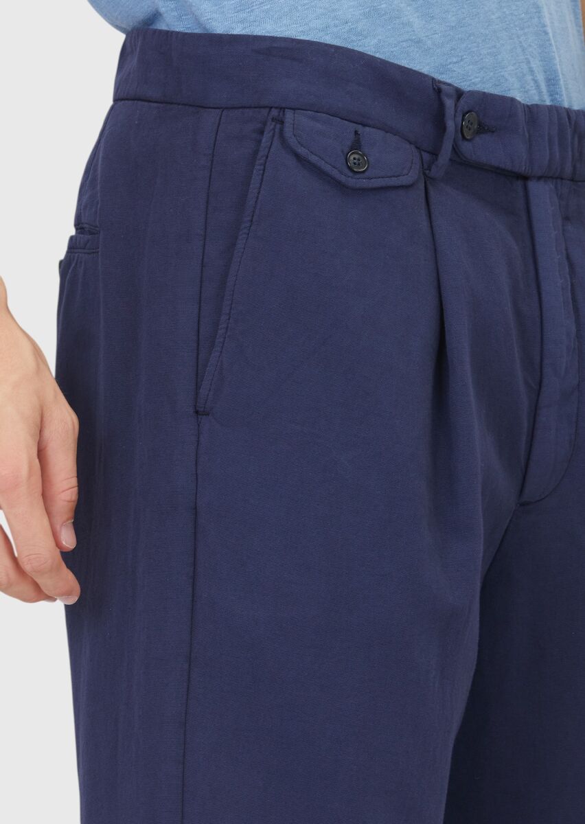 Lacivert Düz Dokuma Relaxed Fit Casual Pamuk Karışımlı Pantolon - 3