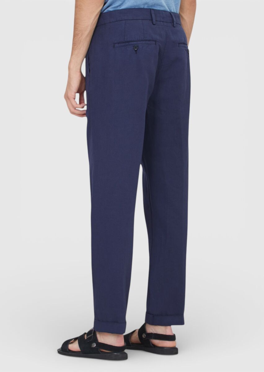 Lacivert Düz Dokuma Relaxed Fit Casual Pamuk Karışımlı Pantolon - 5