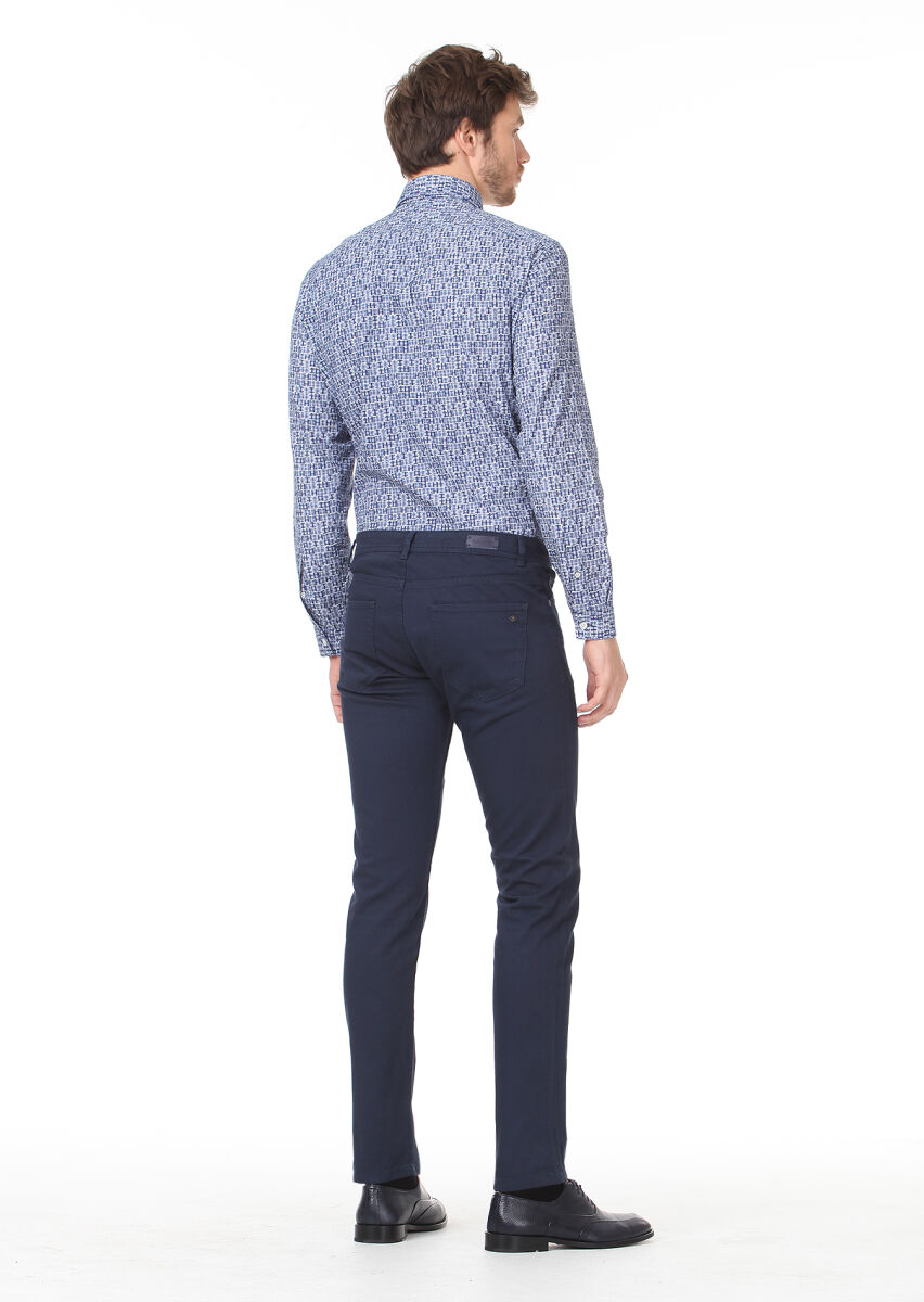 Lacivert Dokuma Slim Fit Casual Pamuk Karışımlı Pantolon - 4