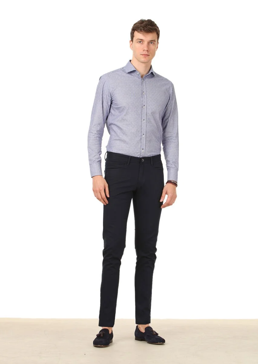 Lacivert Dokuma Slim Fit Casual Pamuk Karışımlı Pantolon - 1