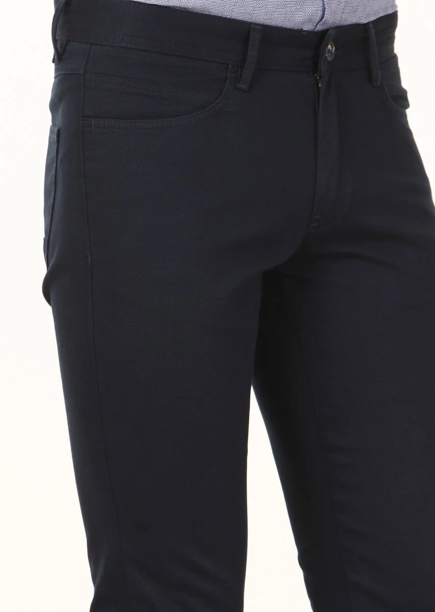 Lacivert Dokuma Slim Fit Casual Pamuk Karışımlı Pantolon - 3