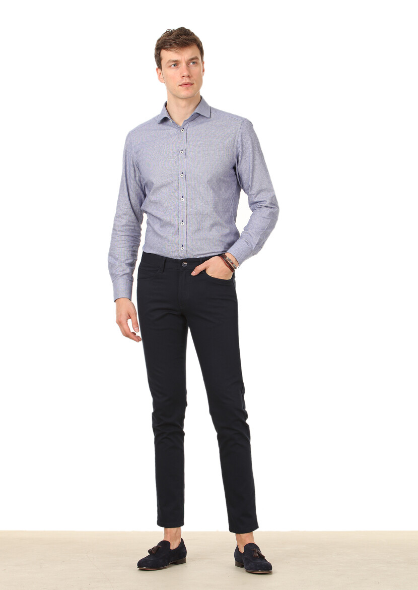 Lacivert Dokuma Slim Fit Casual Pamuk Karışımlı Pantolon 