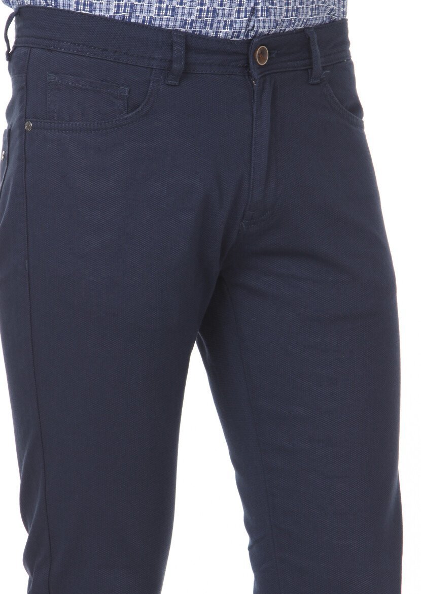 Lacivert Dokuma Slim Fit Casual Pamuk Karışımlı Pantolon - 3