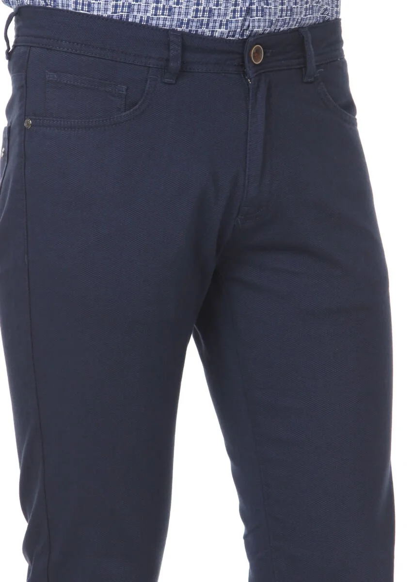 Lacivert Dokuma Slim Fit Casual Pamuk Karışımlı Pantolon - 3