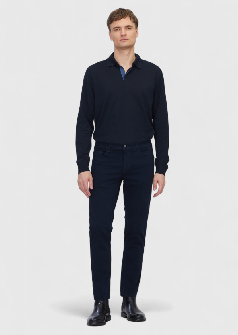 Lacivert Dokuma Slim Fit Casual Pamuk Karışımlı Pantolon 