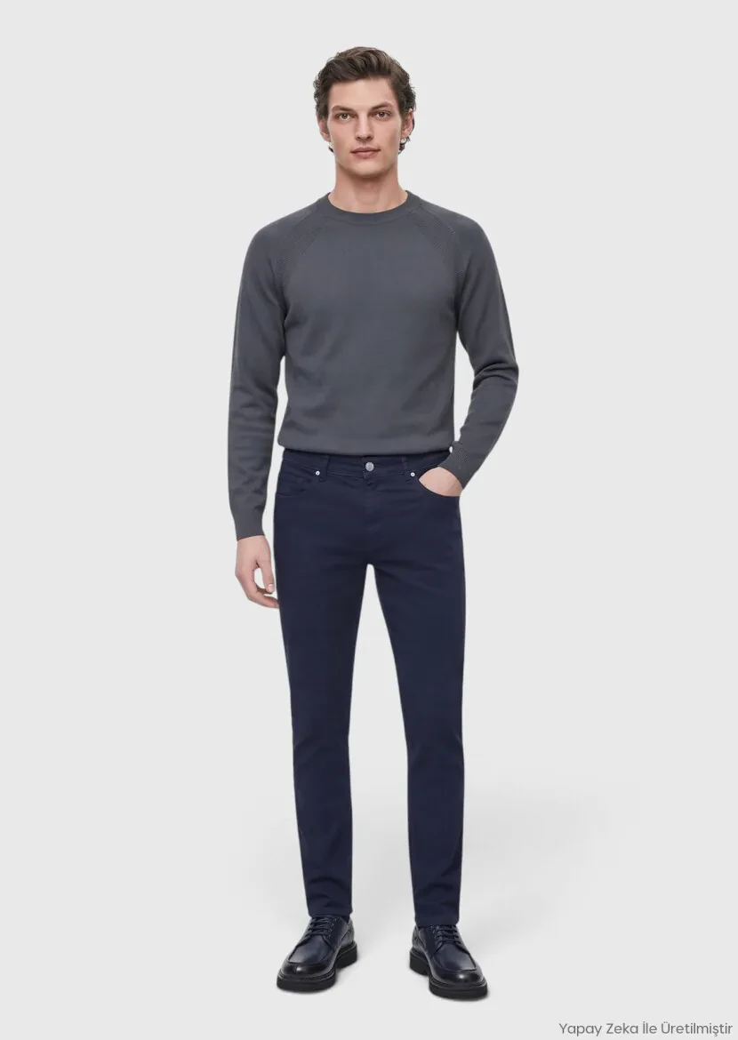 Lacivert Dokuma Slim Fit Casual Pamuk Karışımlı Pantolon - RAMSEY