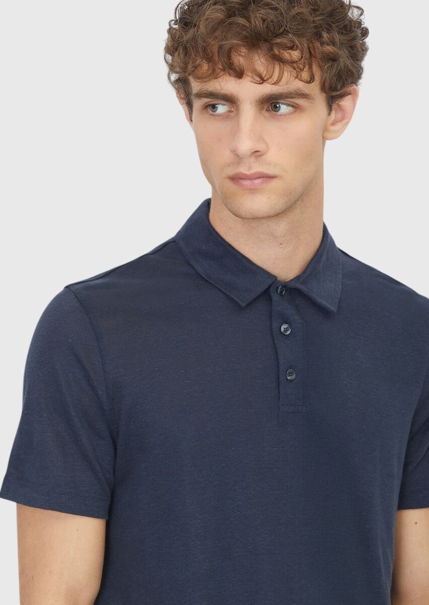 Lacivert Düz %100 Keten T-Shirt - 3