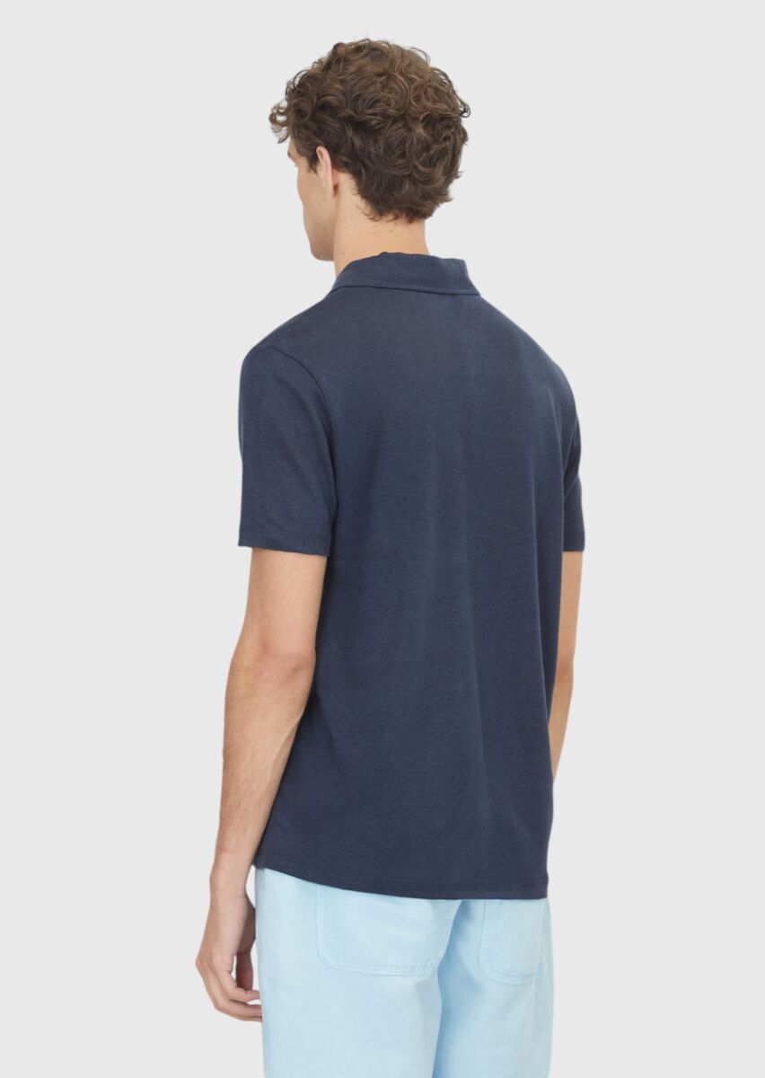 Lacivert Düz %100 Keten T-Shirt - 5