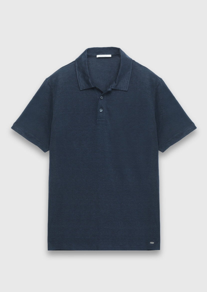 Lacivert Düz %100 Keten T-Shirt 