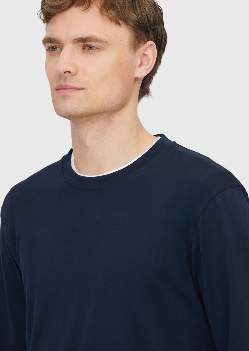 Lacivert Düz Bisiklet Yaka %100 Pamuk T-Shirt - 3