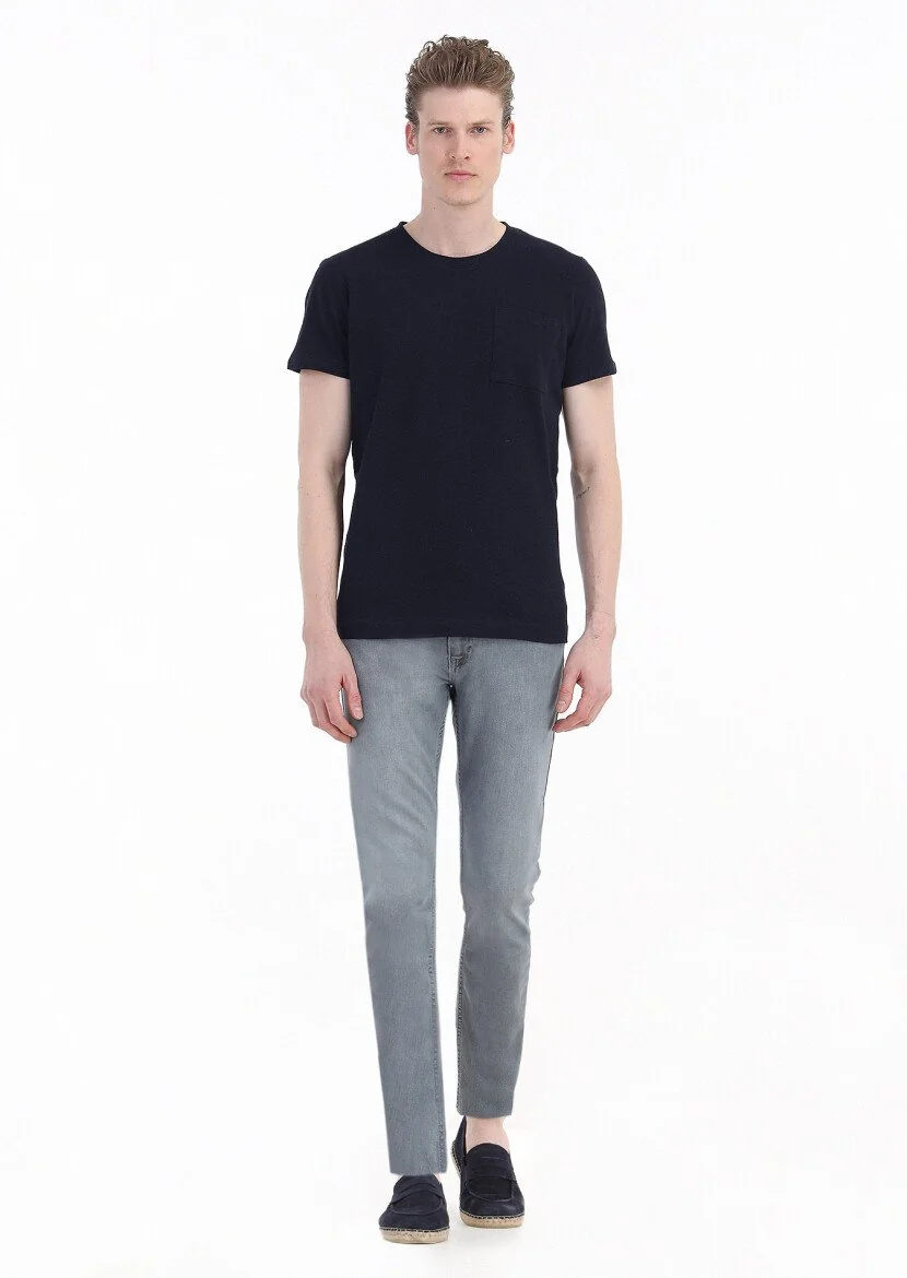 Lacivert Düz Bisiklet Yaka %100 Keten T-Shirt - 1