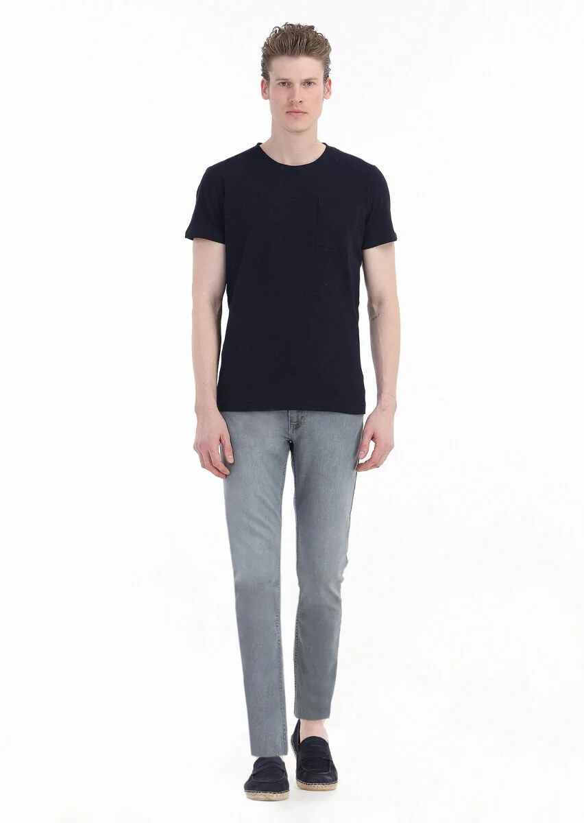 Lacivert Düz Bisiklet Yaka %100 Keten T-Shirt - 1