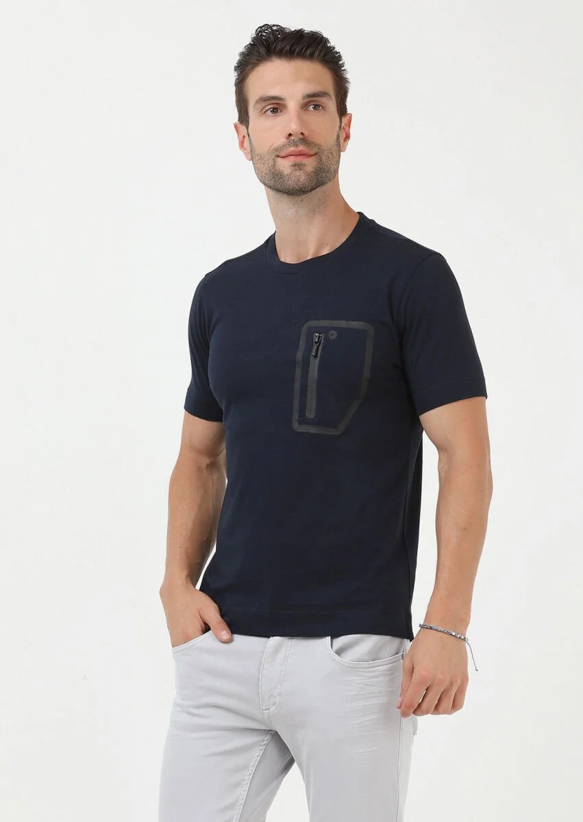 Lacivert Düz Bisiklet Yaka %100 Pamuk T-Shirt - 1