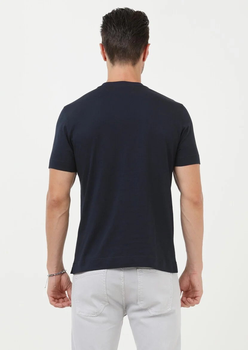 Lacivert Düz Bisiklet Yaka %100 Pamuk T-Shirt - 4