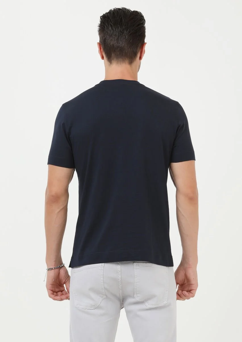 Lacivert Düz Bisiklet Yaka %100 Pamuk T-Shirt - 4