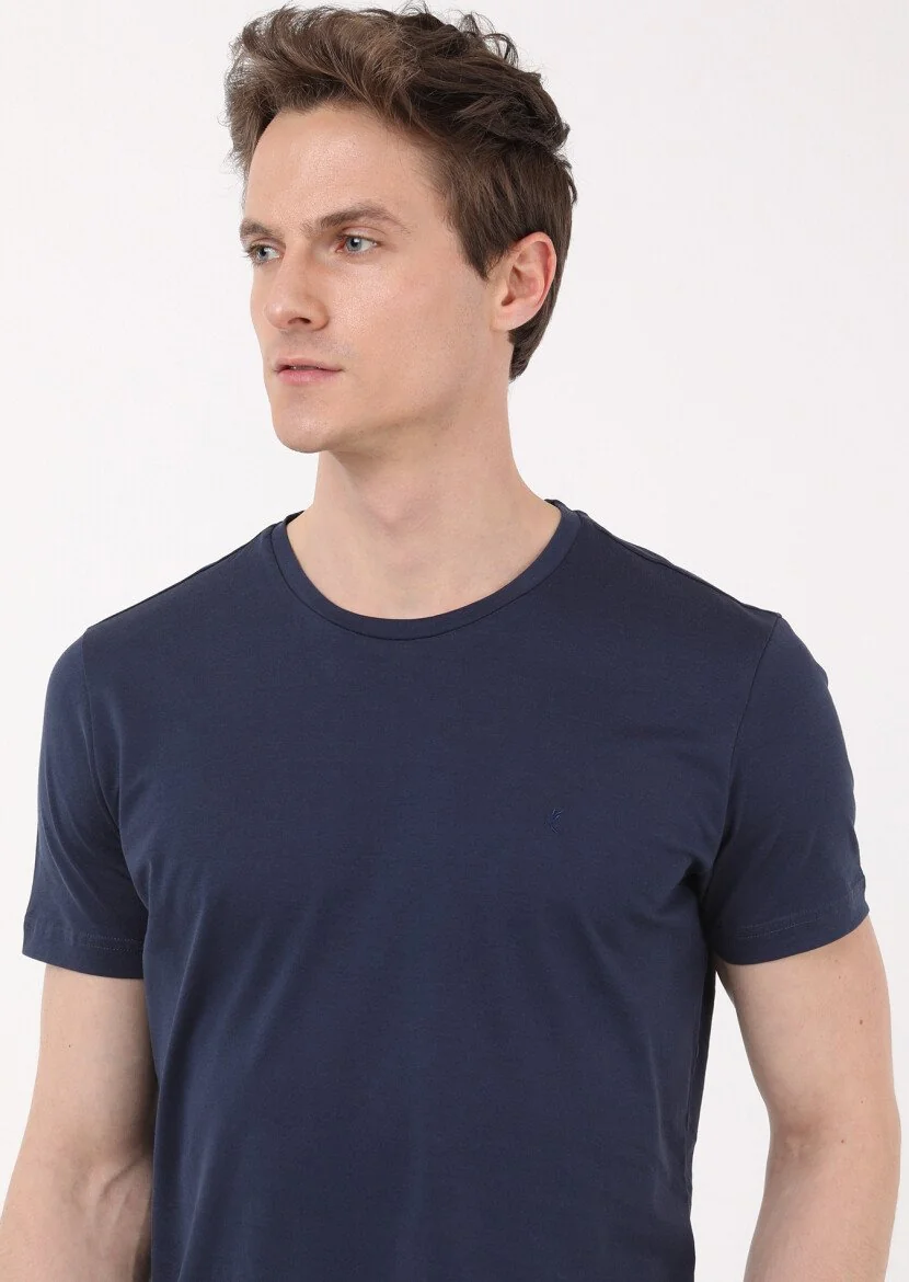 Lacivert Düz Bisiklet Yaka %100 Pamuk T-Shirt 