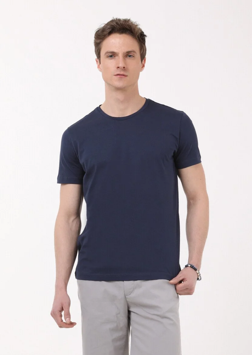 Lacivert Düz Bisiklet Yaka %100 Pamuk T-Shirt - 3