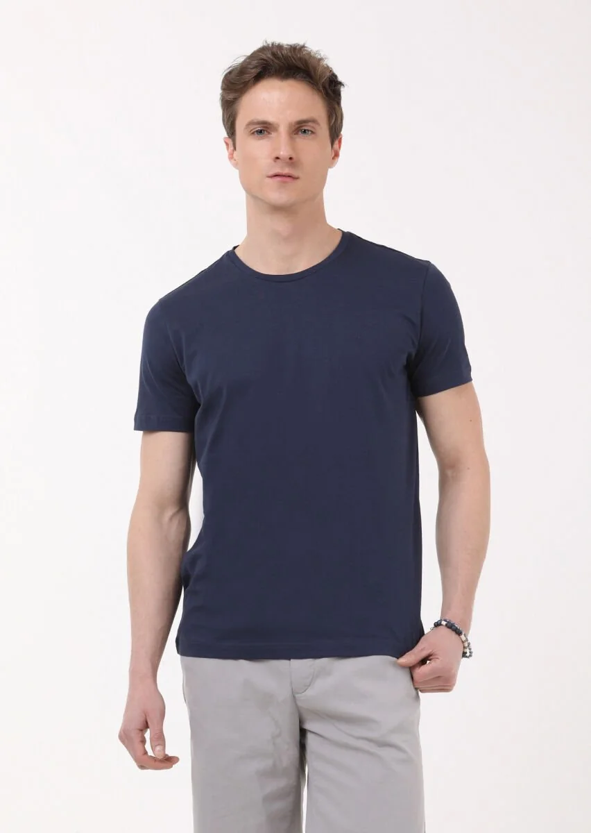 Lacivert Düz Bisiklet Yaka %100 Pamuk T-Shirt - 3