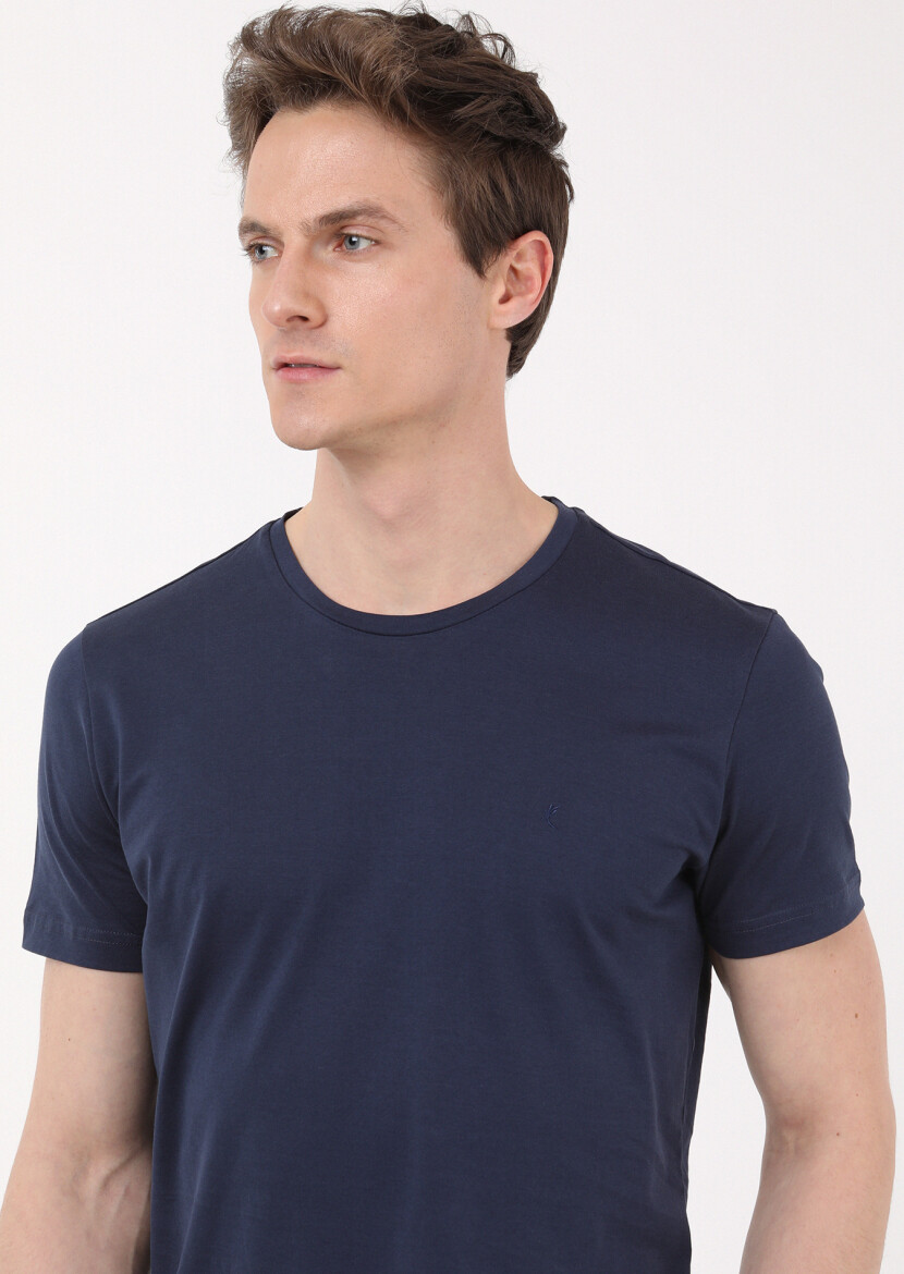 Lacivert Düz Bisiklet Yaka %100 Pamuk T-Shirt 