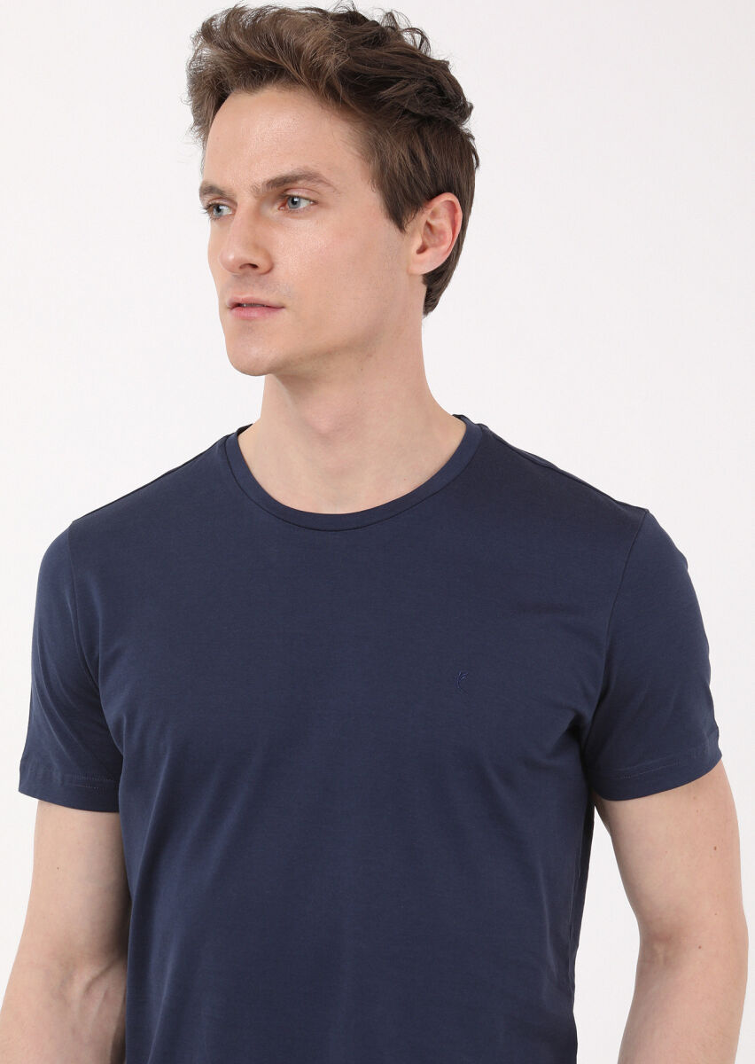 Lacivert Düz Bisiklet Yaka %100 Pamuk T-Shirt - 2