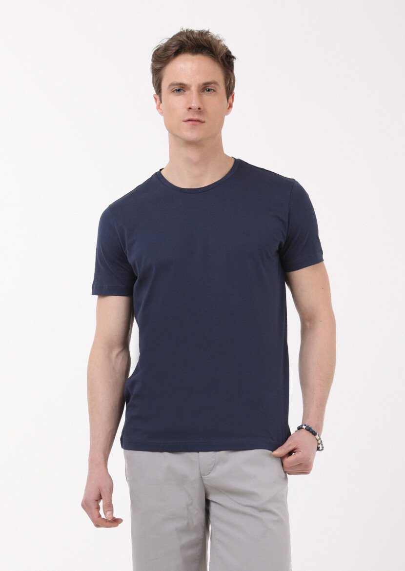 Lacivert Düz Bisiklet Yaka %100 Pamuk T-Shirt - 3