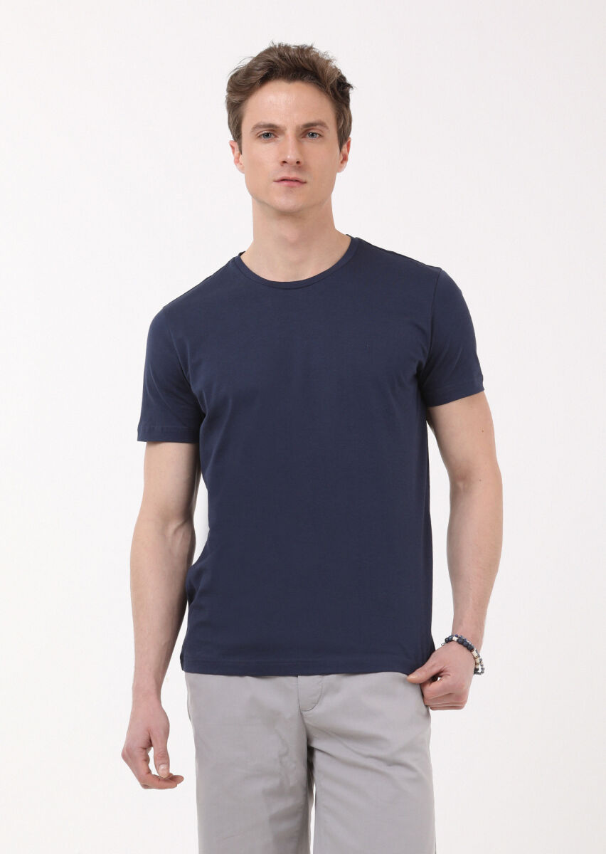 Lacivert Düz Bisiklet Yaka %100 Pamuk T-Shirt - 3