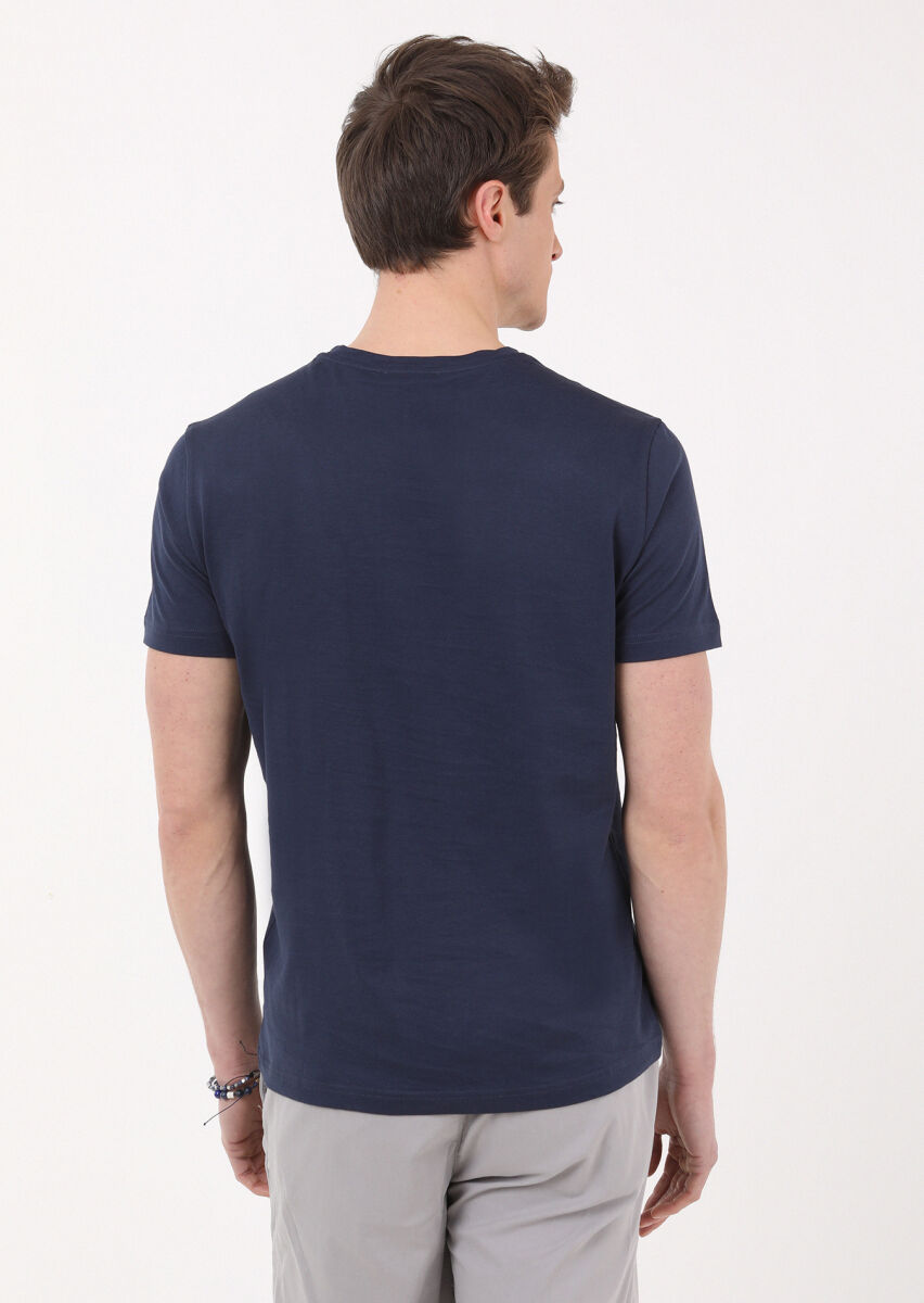 Lacivert Düz Bisiklet Yaka %100 Pamuk T-Shirt - 4