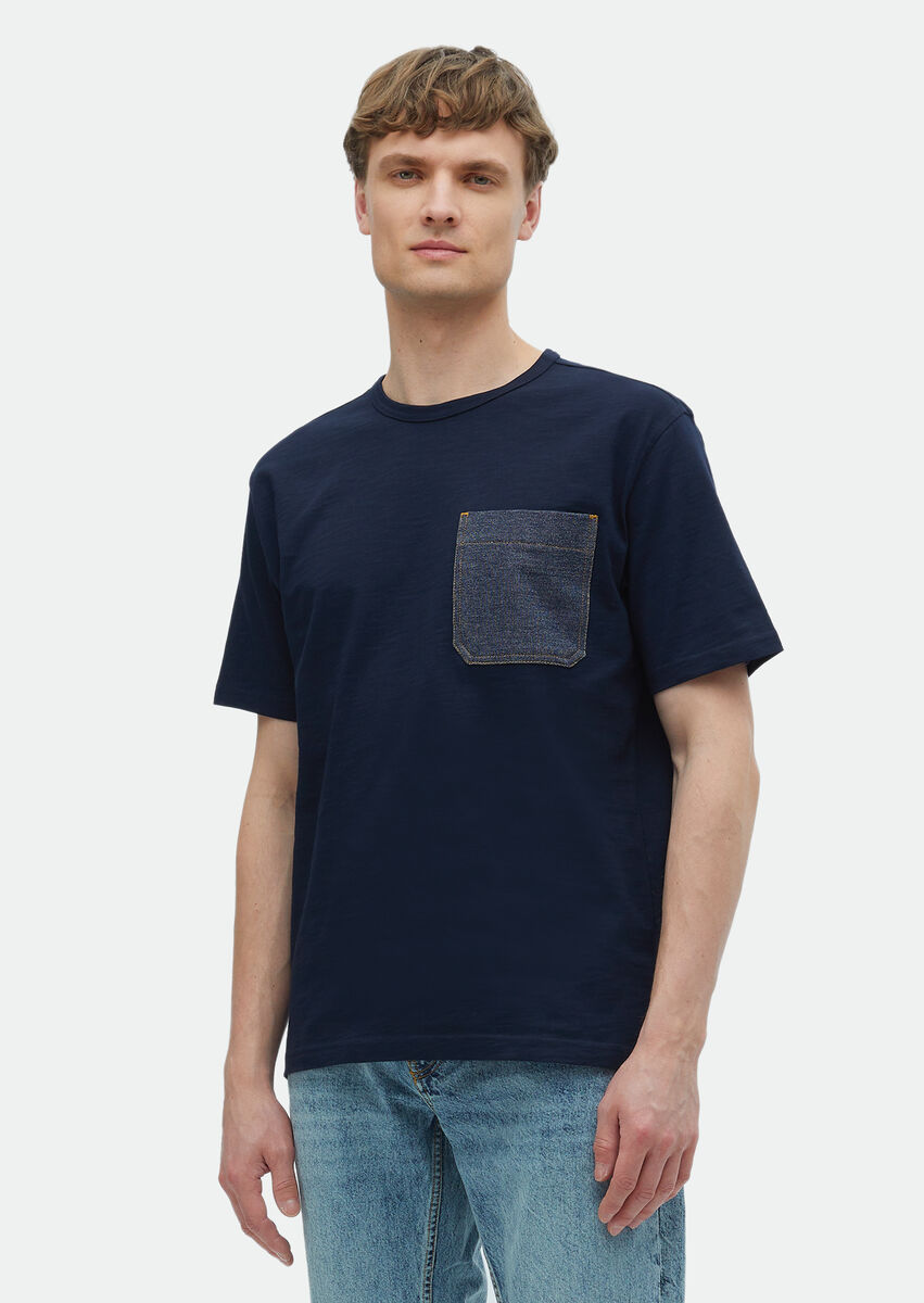 Lacivert Düz Bisiklet Yaka %100 Pamuk T-Shirt - 1