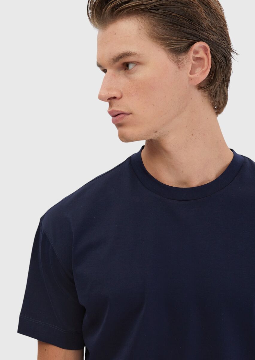 Lacivert Düz Bisiklet Yaka %100 Pamuk T-Shirt - 3