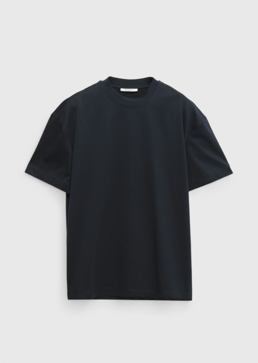 Lacivert Düz Bisiklet Yaka %100 Pamuk T-Shirt - 5