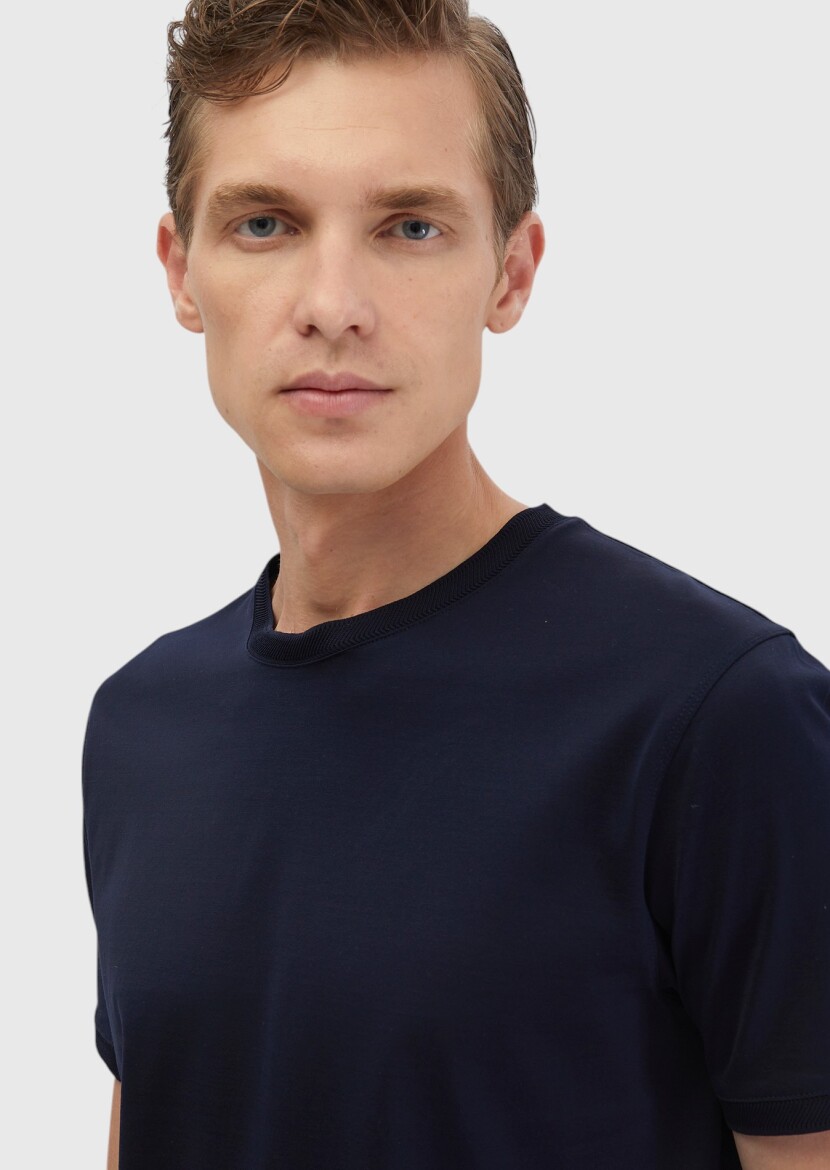 Lacivert Düz Bisiklet Yaka %100 Pamuk T-Shirt - 4