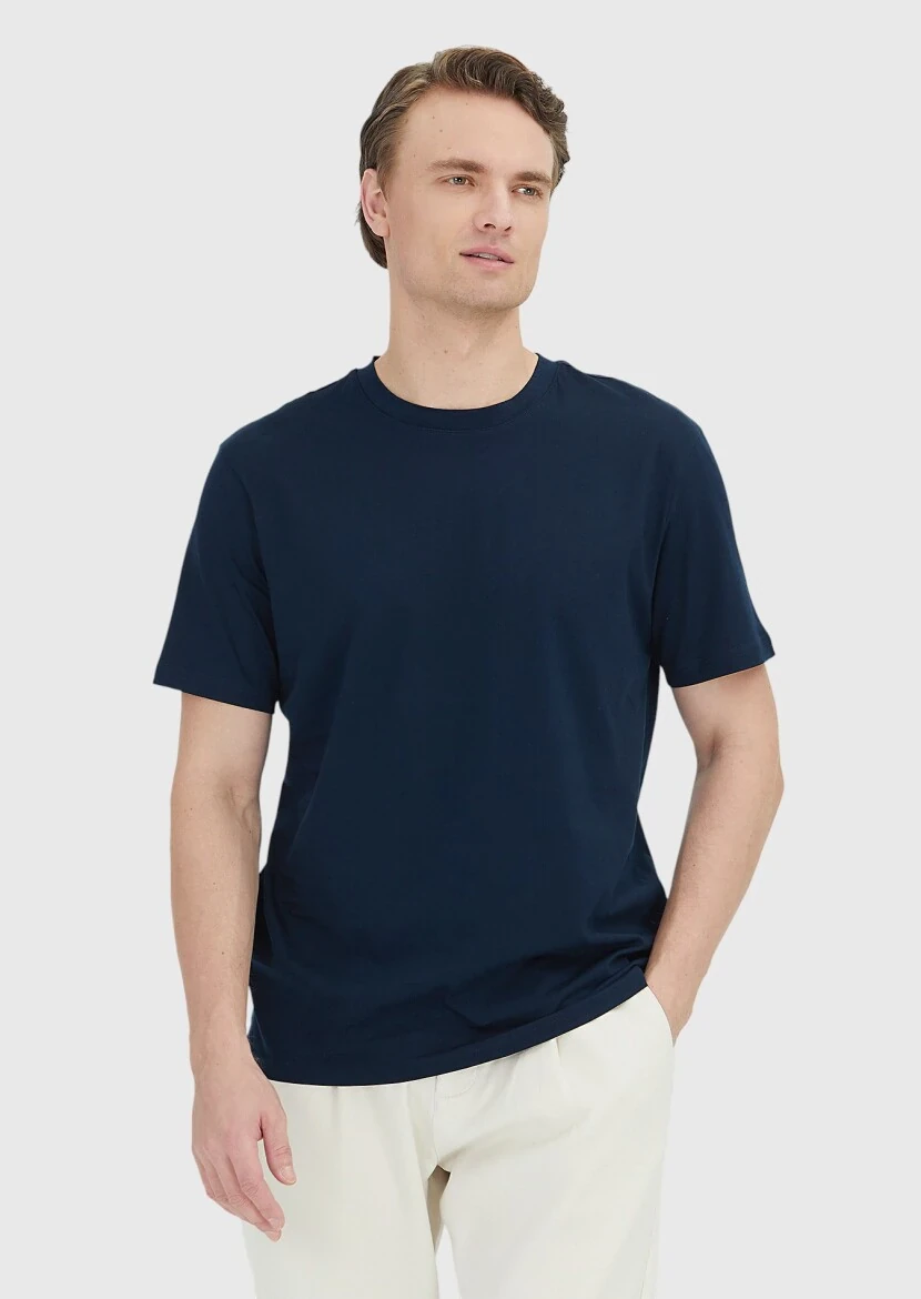 Lacivert Düz Bisiklet Yaka %100 Pamuk T-Shirt - RAMSEY