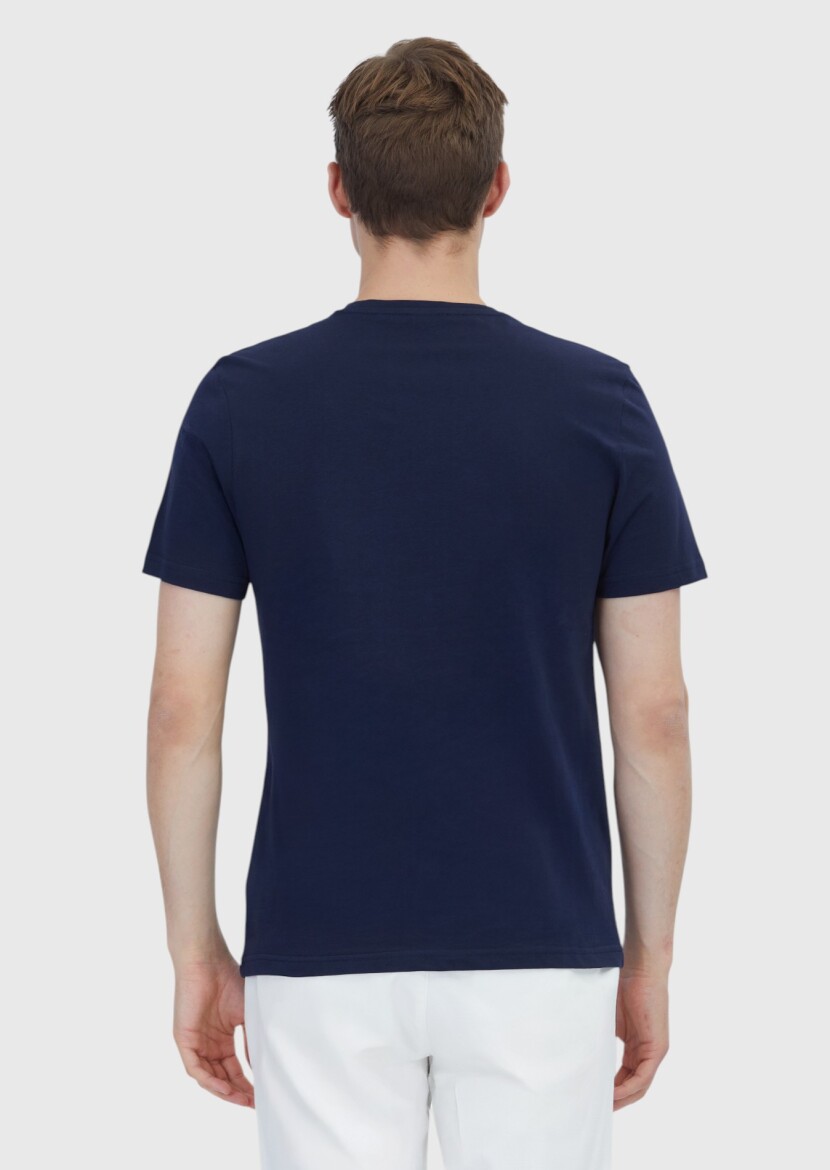 Lacivert Düz Bisiklet Yaka %100 Pamuk T-Shirt - 4