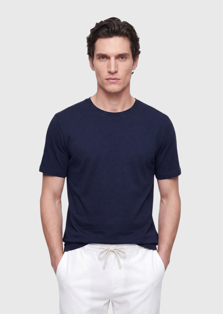 Lacivert Düz Bisiklet Yaka %100 Pamuk T-Shirt - 1