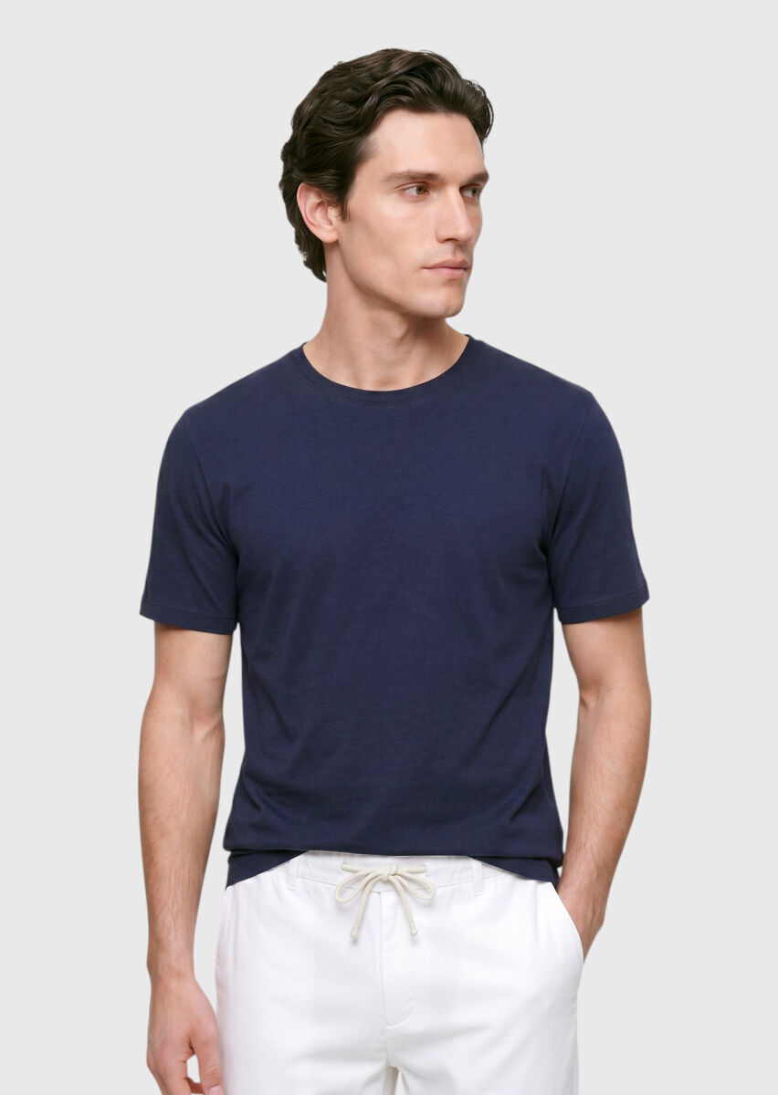 Lacivert Düz Bisiklet Yaka %100 Pamuk T-Shirt - 3