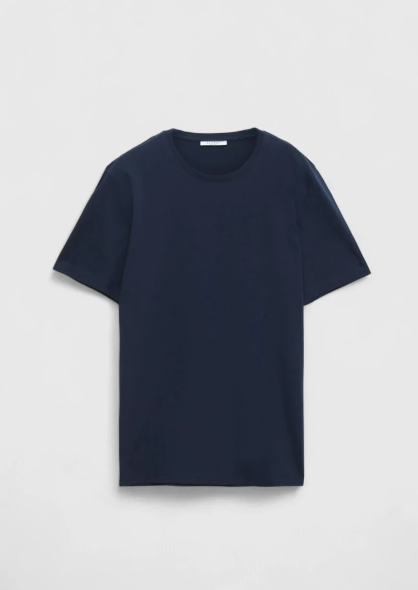 Lacivert Düz Bisiklet Yaka %100 Pamuk T-Shirt - 5